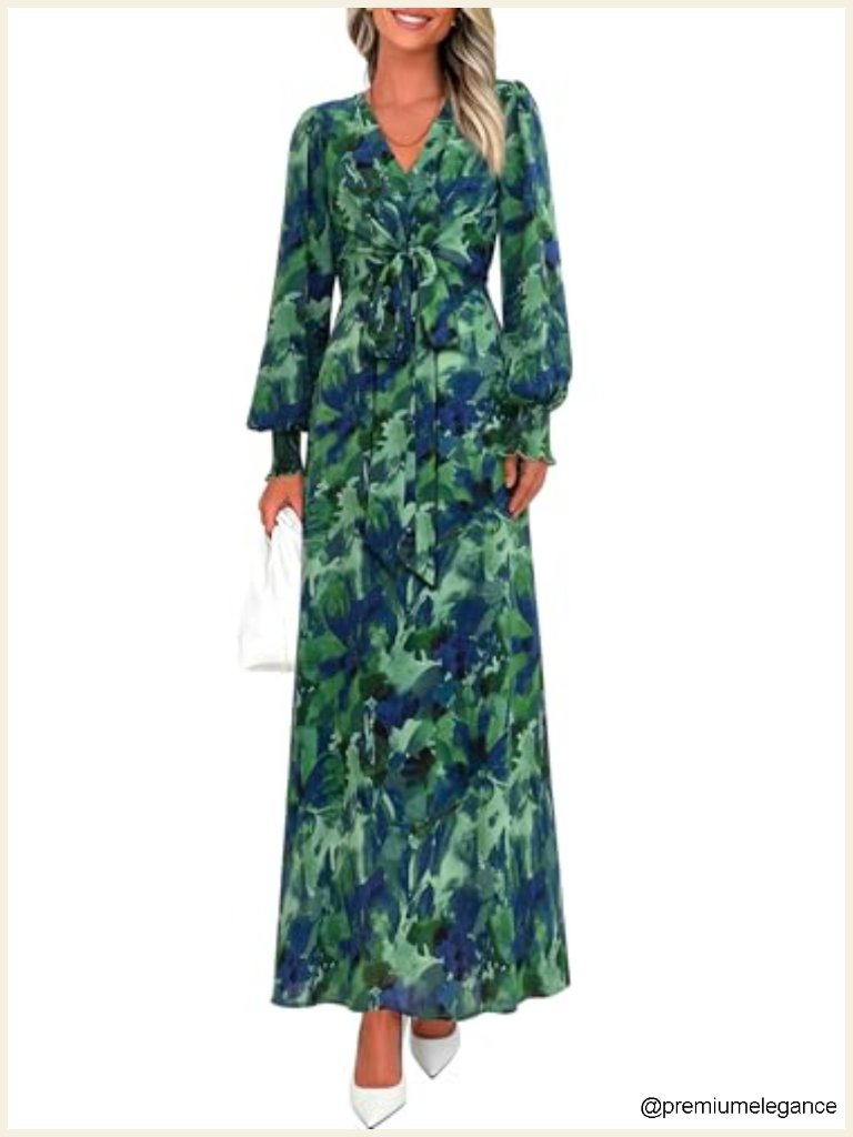 Floral Long Sleeve V-Neck Belted Maxi Dress With Ruffles For Wedding Guest